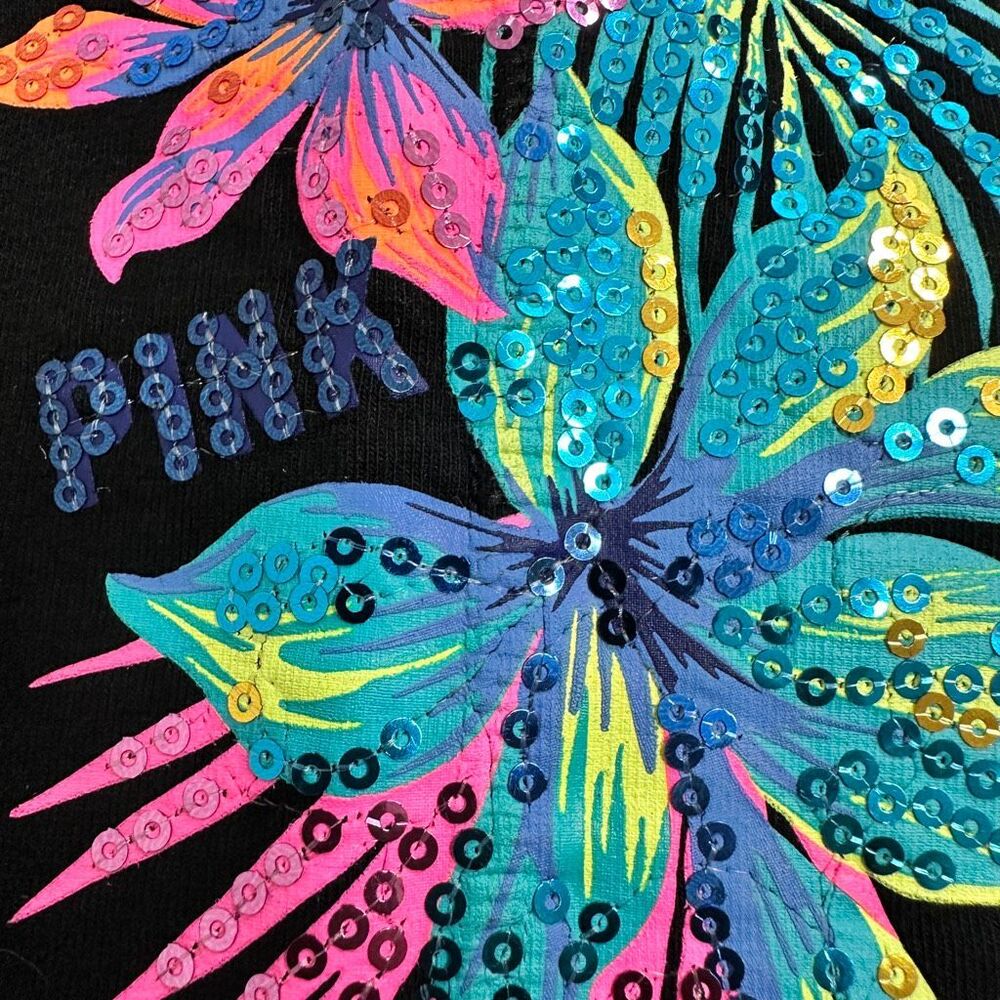 PINK Victoria’s Secret Tropical Floral Bling Yoga Leggings L Black Sequin Waist - Picture 15 of 16